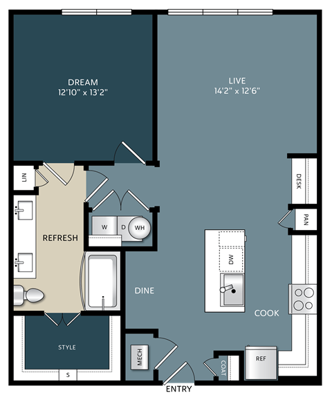 One-bedroom Kerrville, Texas apartment floor plan with an open kitchen and a spacious bedroom designed for comfortable living.